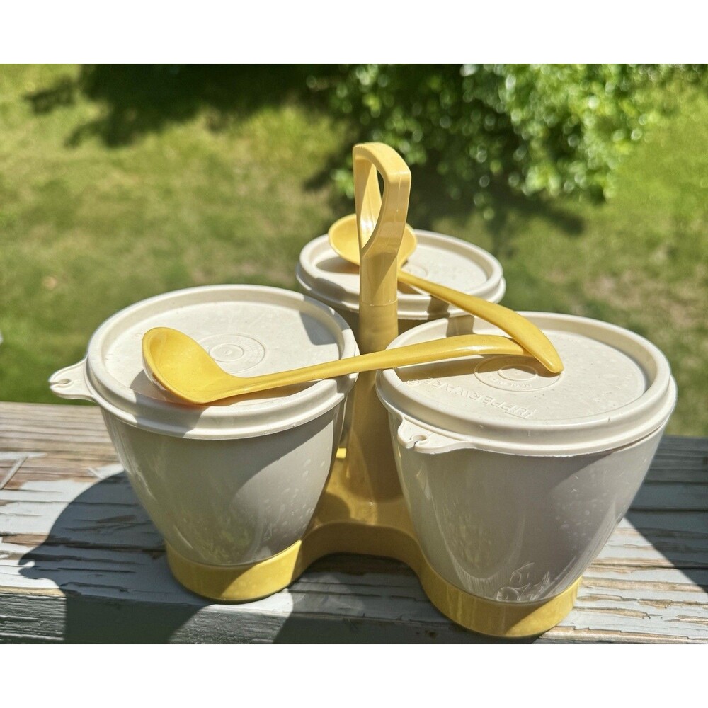 Vintage Tupperware Condiment Server Set w/ Caddy, Lids, Spoons - Yellow